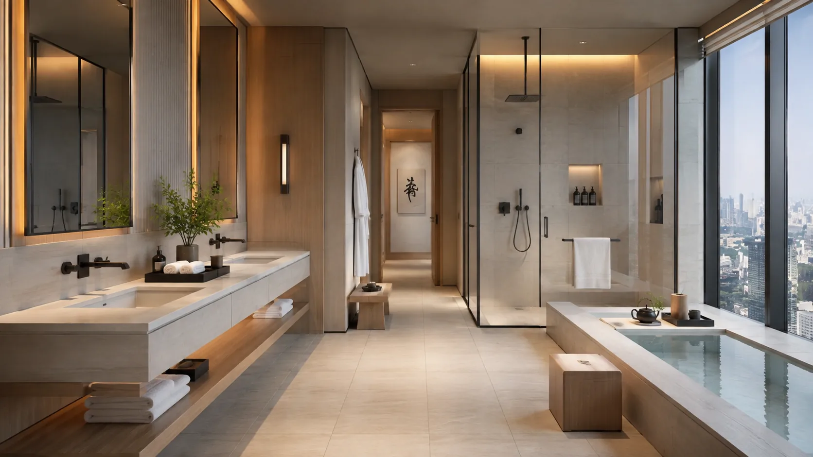 Warm stone bathroom with expansive skyline views
