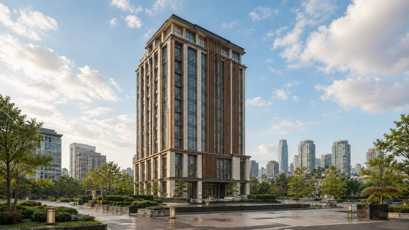 Luxury residential tower against a bright city skyline