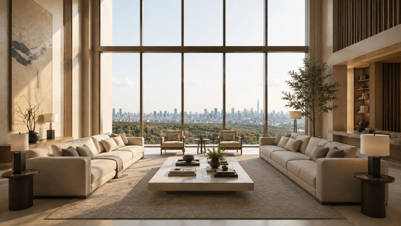 Double-height living room overlooking the city