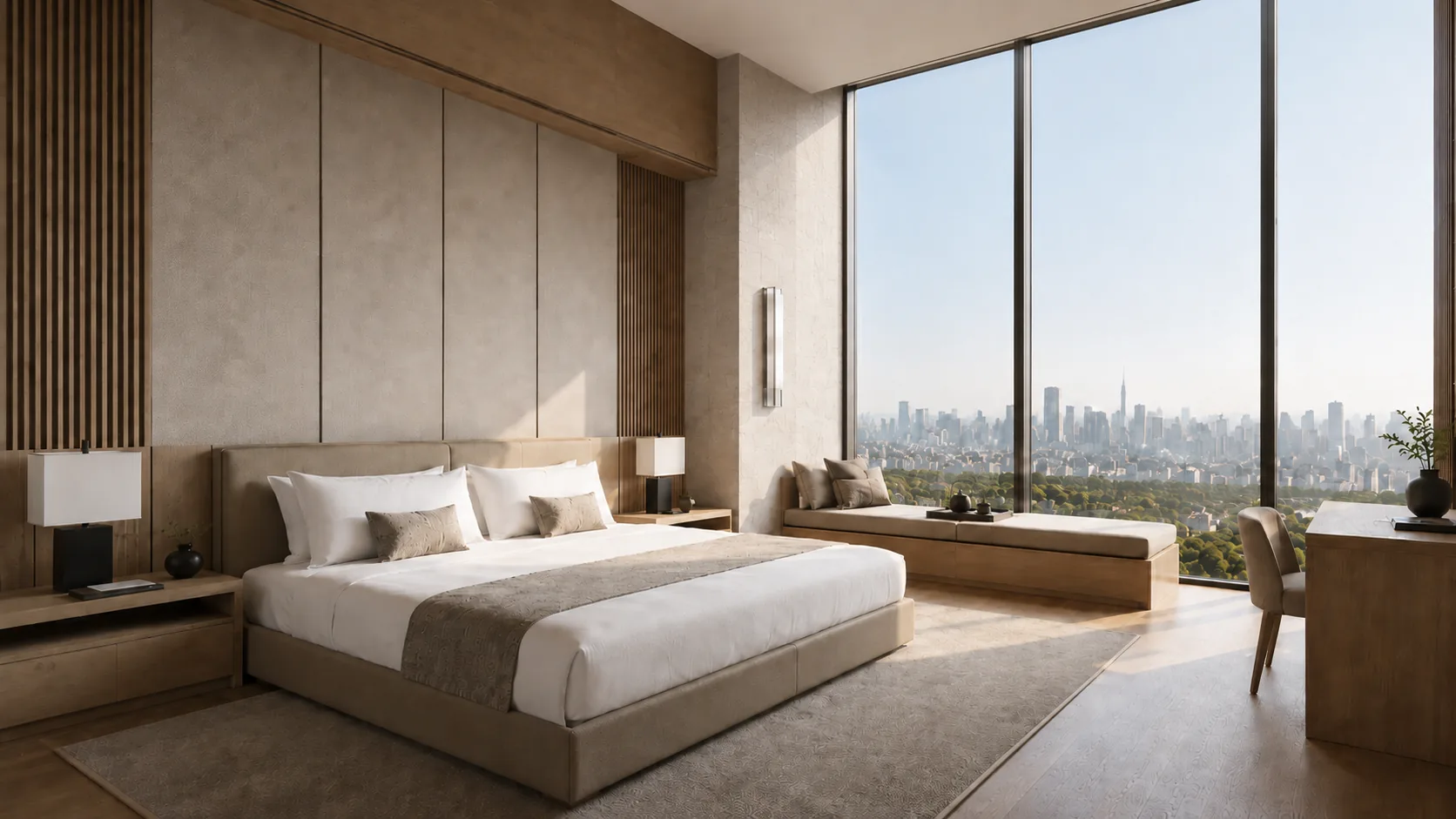 Calm bedroom with floor-to-ceiling city views