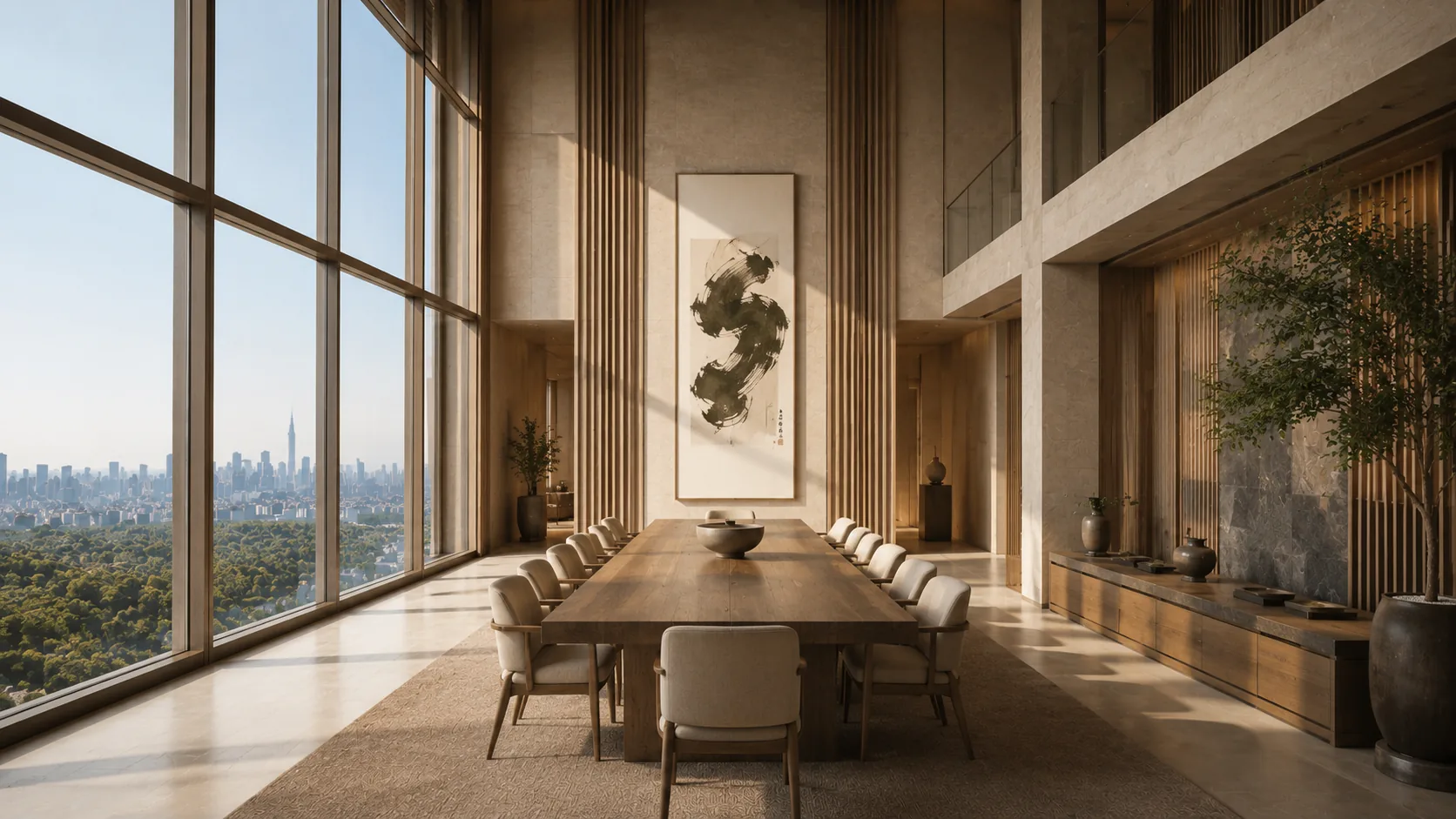 Double-height dining room in warm afternoon light