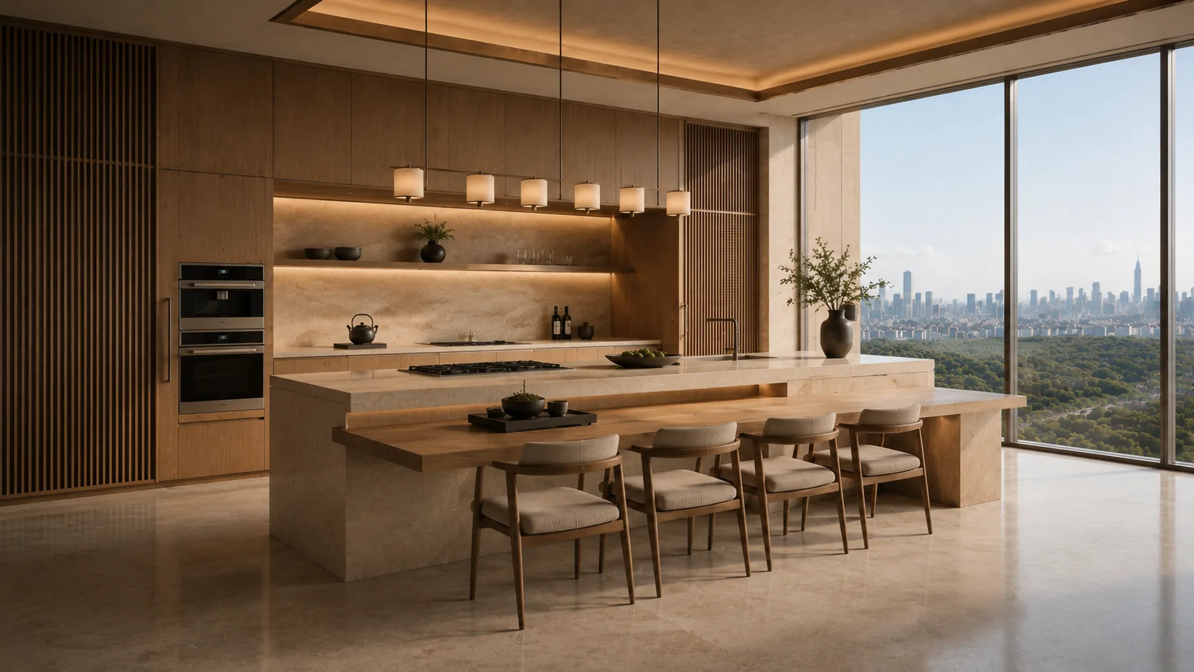 Contemporary kitchen with floor-to-ceiling skyline views